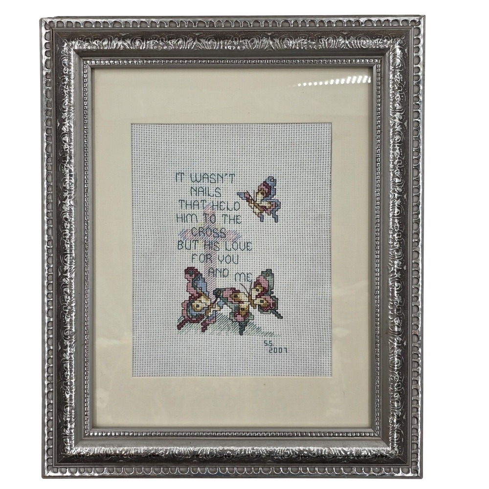 VTG‎ Handmade Completed Framed Cross Stitch It Wasn't Nails Christian 2001Decor